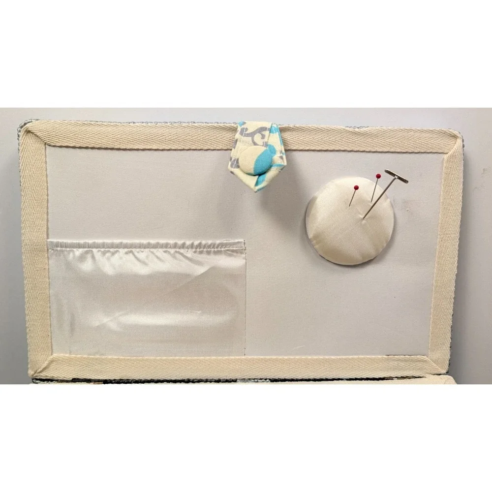 Fabric Sewing Basket Box Aqua Gray Damask Padded Lid Handle Craft Storage Notion